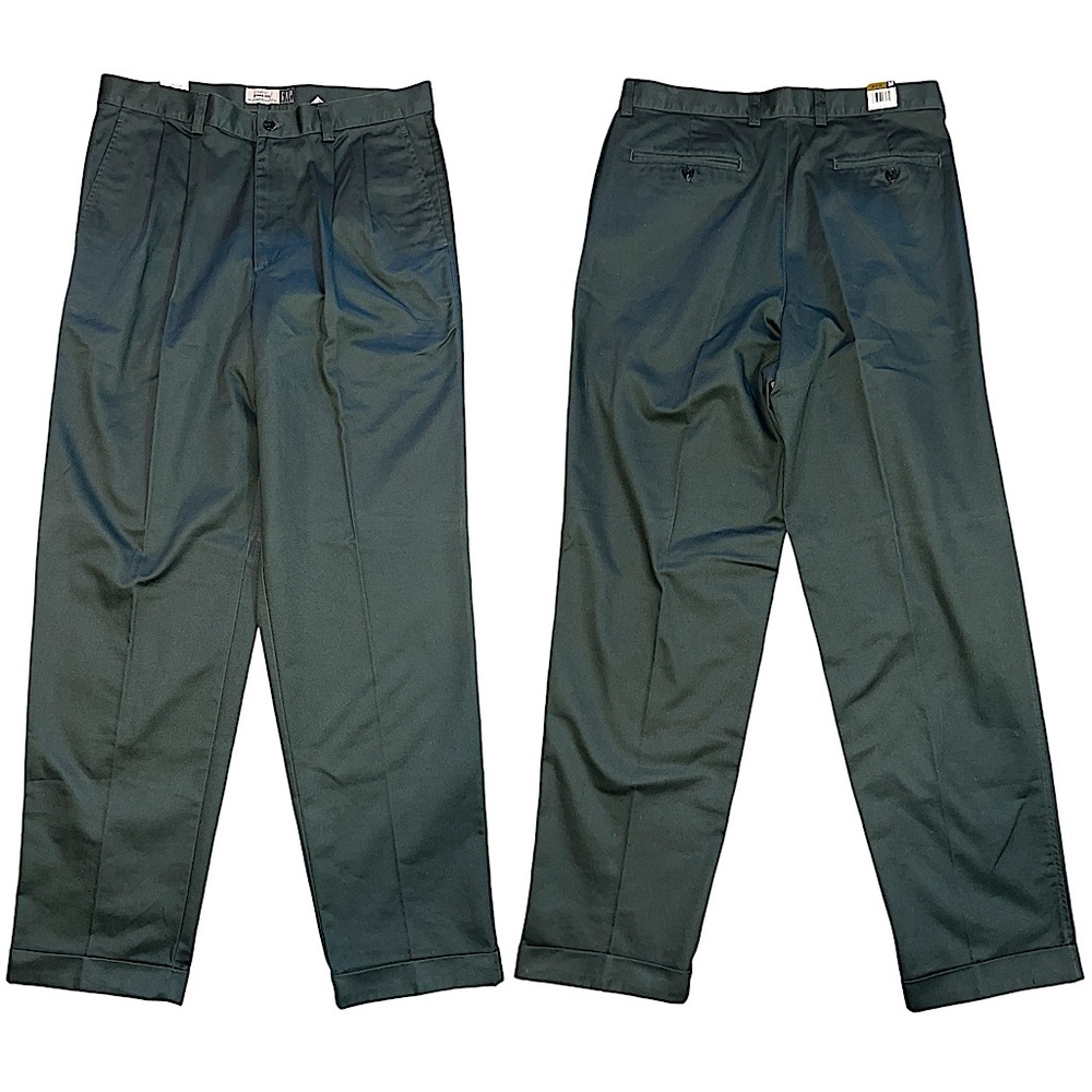 Mens Gap Khaki Green Easy Fit Classic Pleated Front Full Leg Cuffed Pants 35x34